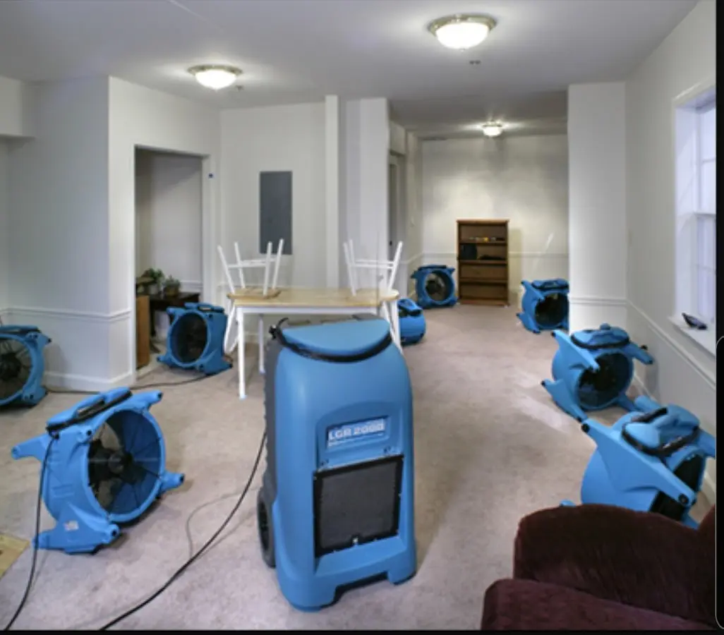 Air movers and dehumidifier setup for Water Extraction & Removal in Dighton